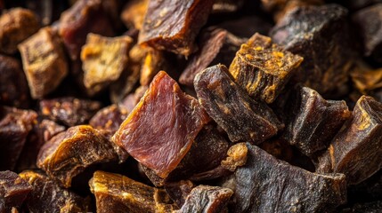 Close up macro shot of premium natural dog treats, varied textures of dehydrated meats, mix of light and dark colored proteins, crystalline meat fibers visible, soft studio lighting, blurred