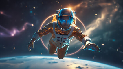 A mesmerizing visual representation Spaceman and planet, human in space, shimmering effects that give the impression of depth and dimensionality, created by generative ai