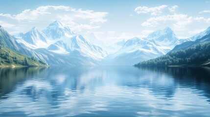 Fototapeta premium A serene mountain lake with soft reflections of snow-capped peaks under a clear sky. picture