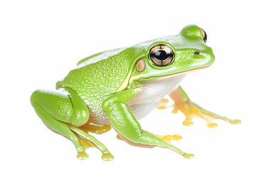 Obraz premium Vibrant green tree frog portrait showcasing its smooth skin, distinctive golden eyes, and unique toe pads against a clean white backdrop, studio shot
