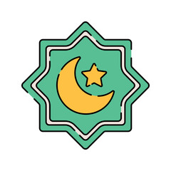 Crescent Star Flat design style, green star with a crescent moon, symbolizing Islam, ideal for religious graphics, educational materials, and cultural projects.