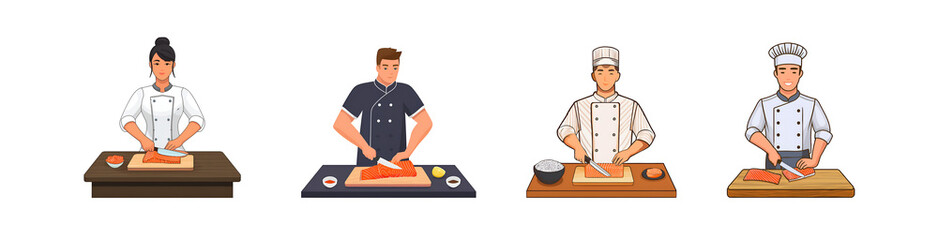 Chef Slicing Salmon on a Cutting Board