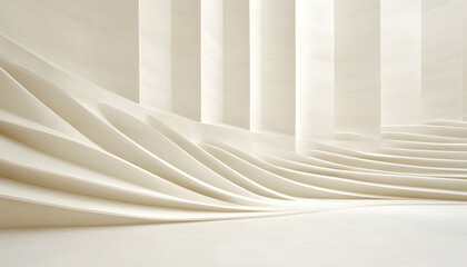 Obraz premium Abstract architectural design, flowing curves and vertical lines in creamy white tones, modern minimalist interior design.