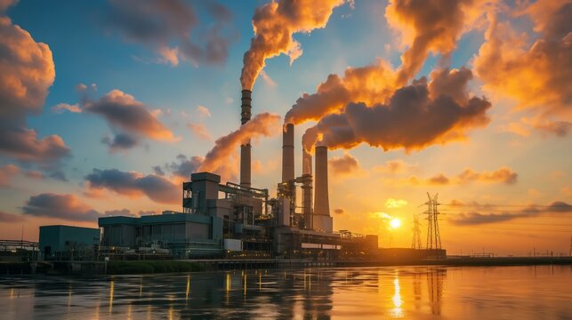 Smoke billows from smokestacks as a carbon capture facility operates at a power plant, showcasing clean energy technology and its role in reducing greenhouse gas emissions at dusk