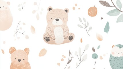 Fototapeta premium Modern nordic nursery design featuring gentle bear cubs, baby owls and small mice in soft peach and mint tones, minimalist hand-drawn style, organic shapes, floating botanical elements, clean white