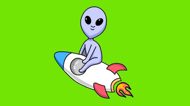 animation of cute alien sitting on spaceship cartoon green background
