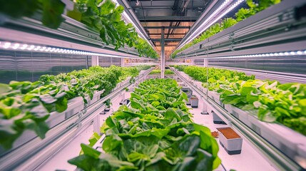 Futuristic vertical farm showcases multi-level rows of vibrant leafy greens illuminated by LED lights