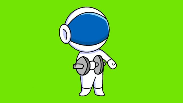 animation of cute astronaut with dumbbell cartoon green background