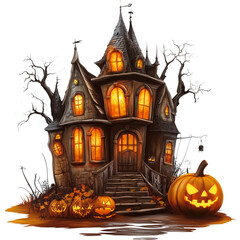 A close-up of a hand-drawn Halloween scene featuring intricately detailed pumpkins, glowing jack-o'-lanterns on transparent png background. Ai generated