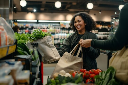 A cheerful customer smiles as a cashier helps pack fresh produce into reusable canvas bags in a grocery store with warm lighting, promoting sustainable shopping habits