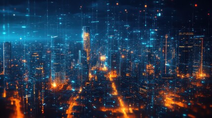 Obraz premium Smart city network protected by AIdriven firewall security, futuristic cyber defense