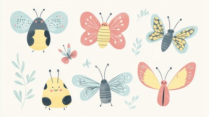 Whimsical collection of smiling garden bugs, playful line art style, pastel color palette, rounded shapes with cute facial expressions, floating butterflies with decorative wing patterns, simple