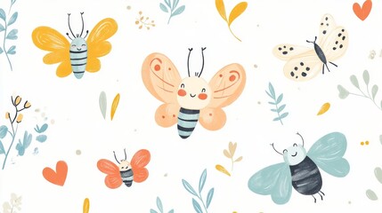 Whimsical collection of smiling garden bugs, playful line art style, pastel color palette, rounded shapes with cute facial expressions, floating butterflies with decorative wing patterns, simple