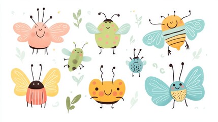 Naklejka premium Whimsical collection of smiling garden bugs, playful line art style, pastel color palette, rounded shapes with cute facial expressions, floating butterflies with decorative wing patterns, simple