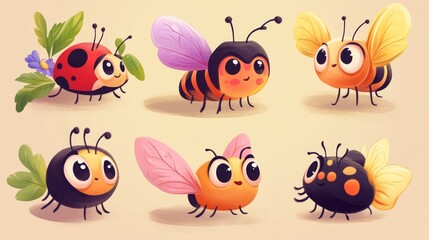 Friendly cartoon insects with big expressive eyes, soft rounded edges, happy ladybugs and cheerful bumblebees, delicate butterfly designs, kawaii art style, gentle colors, playful character design,
