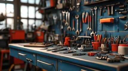 A well-organized workbench displays various hand tools. Ideal for illustrating concepts of repair, maintenance, or DIY projects.