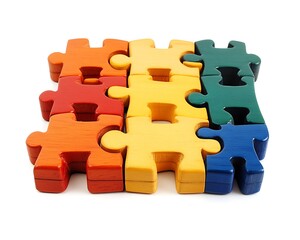 Classic wooden toy puzzle pieces arranged neatly isolated against a white background