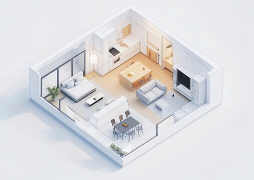 Small Studio Apartment Floor Plan, Open Concept Design, Minimalist Decor, Modern Kitchen