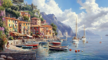 Coastal village with boats resting on the tranquil turquoise water