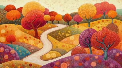 Artistic vibrant autumn landscape with winding path and colorful trees