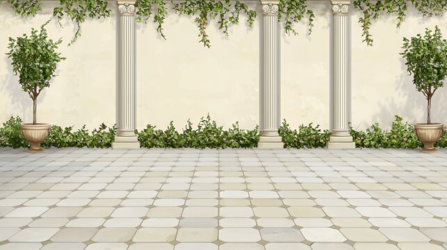 Serene Courtyard with Classical Columns and Lush Greenery