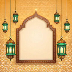 Ornate arch frame with hanging lanterns on Islamic pattern background.