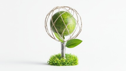 Obraz premium A decorative representation of a green globe encased in a wire structure, symbolizing environmental awareness and sustainability.