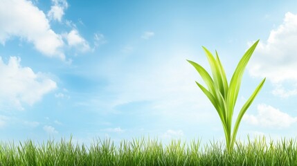 Fototapeta premium A young green plant grows amidst lush grass under a bright blue sky with fluffy clouds, symbolizing nature's resilience and beauty.