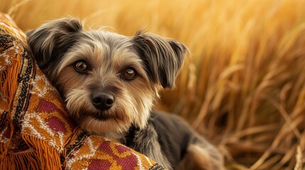 Serene dog close-up on decorated textile with fringe details, compassionate human interaction, golden grass background, lifestyle pet photography, earthy color scheme, romantic outdoor setting