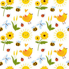 Childrens cute pattern, vector flat illustrations, flowers, birds, butterflies, seamless pattern, background
