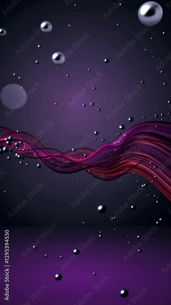 Poster a purple background with a purple wave and a bunch of small spheres. the spheres are scattered all o