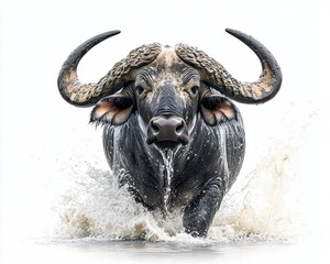 Farm animal close-up A powerful buffalo charges through water, showcasing strength and grace in its natural habitat.