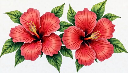 Vibrant Red Hibiscus Flowers with Lush Green Leaves Highlighted Against a Crisp White Background
