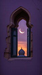 Fototapeta premium Radiant Crescent Moon and Purple Twilight Sky Above Arabic Mosque Building at Dusk Exterior Islamic Architecture Building Design Inspiration
