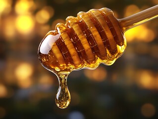 Honey dripping, wooden dipper, blurred background, food