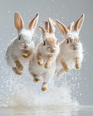 Farm animal close-up Three adorable rabbits jumping through water, creating splashes, showcasing their playful nature and energy.