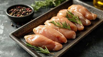 Raw chicken fillets arranged on a dark tray, garnished with rosemary. Perfect for recipes showcasing healthy, delicious chicken dishes.