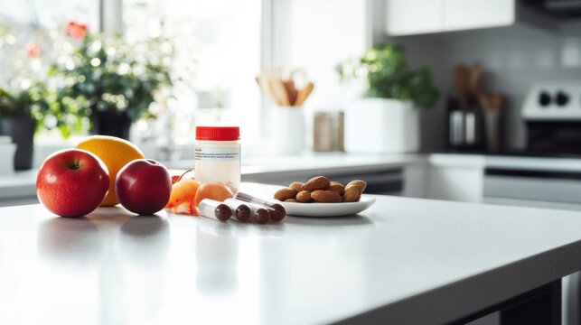 Obesity drug on a kitchen countertop beside a healthy snack. Featuring health and wellness