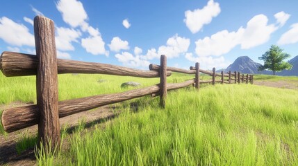 Fototapeta premium A wooden fence stretches across a vibrant green meadow scene