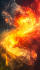 Fiery abstract artwork showing swirling clouds of golden and red