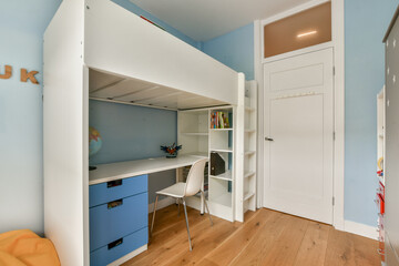 A stylish modern bedroom featuring a loft bed, minimalist study desk, and vibrant colors, creating an inviting and functional living space for comfort and creativity.