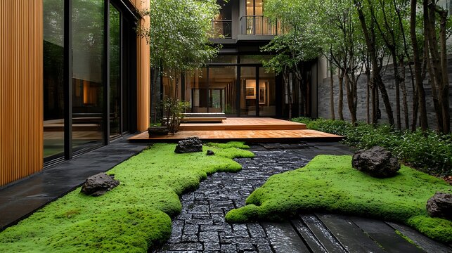 Modern Architecture with Lush Green Zen Garden / 緑豊かな禅の庭を備えたモダン建築