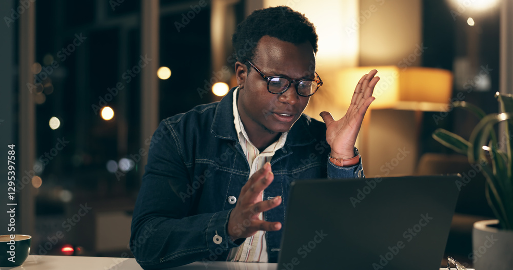 Aufkleber Laptop, night and overtime with business black man in office for problem solving or review. Computer, deadline and frustration with confused design employee in doubt at creative workplace in evening