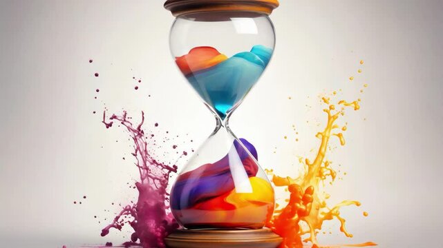 Hourglass with rainbow colored splash.
