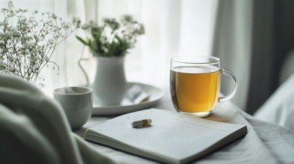 Obesity drug on a nightstand with a cup of herbal tea and a wellness journal. Featuring health and relaxation