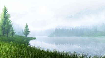 Misty Mountain Lake Landscape with Green Grass and Fog