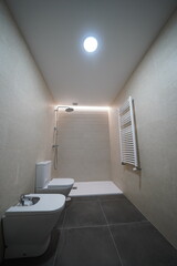 Newly renovated bathroom with a toilet, bidet, wall radiator, and shower with LED lighting. Minimalist design, missing sink, mirror, and shower screen. Modern and unfinished look.