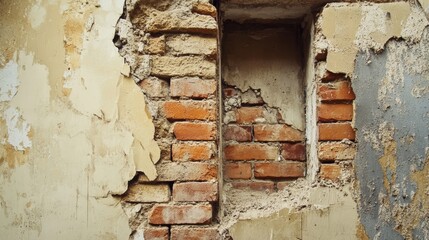 Naklejka premium Exposed brick and decaying plaster facade with a niche 