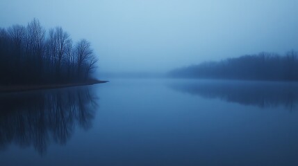 Fototapeta premium A Foggy Lake Reflects Trees on a Cold Calm Morning