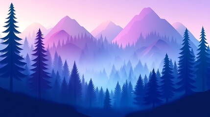 Fototapeta premium A purple landscape displays silhouettes of forests and mountains